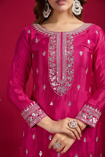 Rani Pink Chinnon Silk Embroidered Top Pant and Dupatta For Party Wear