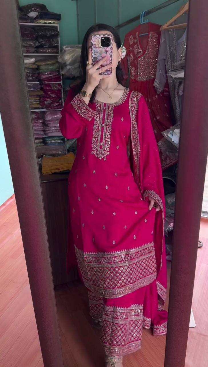 Rani Pink Chinnon Silk Embroidered Top Pant and Dupatta For Party Wear