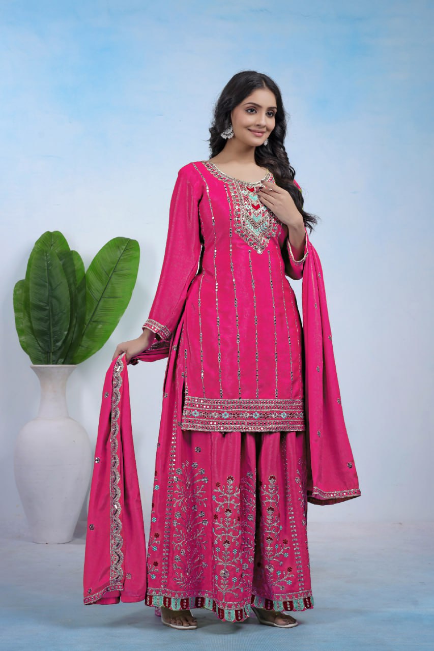 Rani Pink Chinon Sharara Suit with Coding Embroidery Matching Dupatta