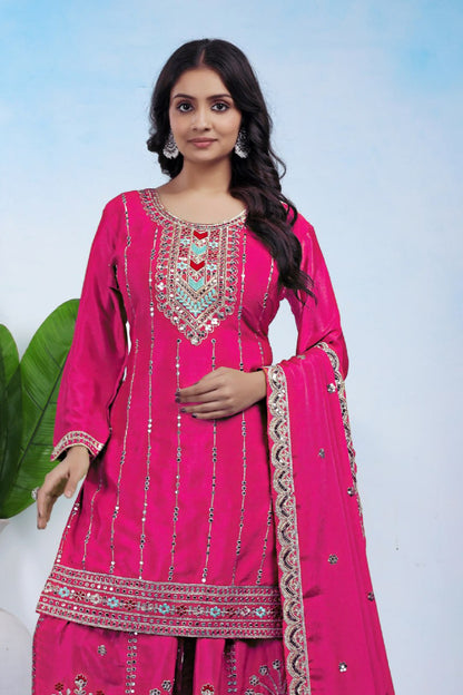 Rani Pink Chinon Sharara Suit with Coding Embroidery Matching Dupatta