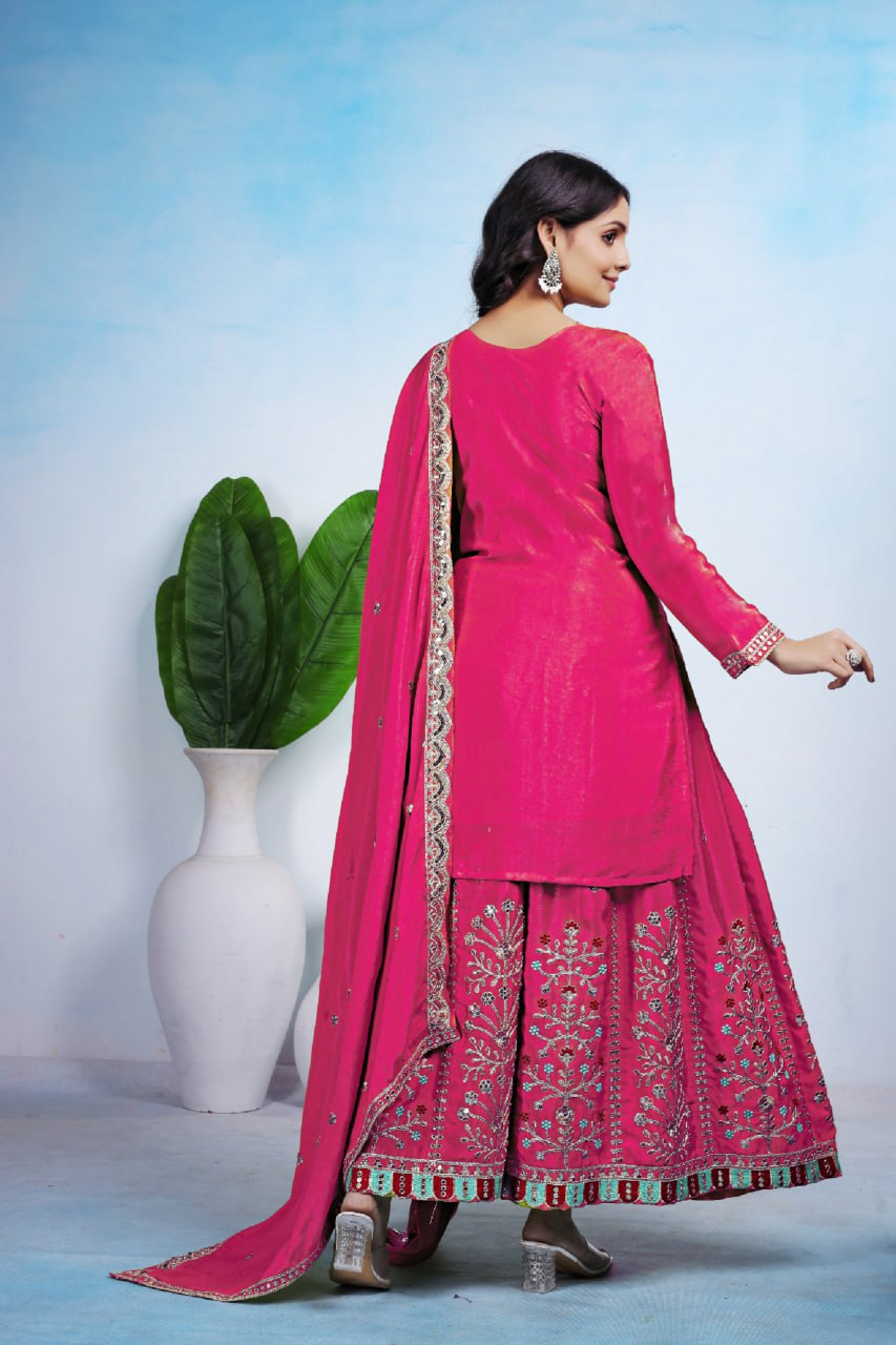 Rani Pink Chinon Sharara Suit with Coding Embroidery Matching Dupatta