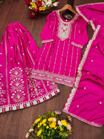 Rani Pink Chinon Sharara Suit with Coding Embroidery Matching Dupatta