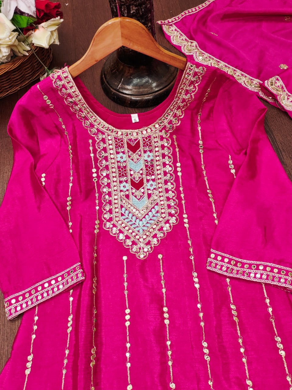 Rani Pink Chinon Sharara Suit with Coding Embroidery Matching Dupatta