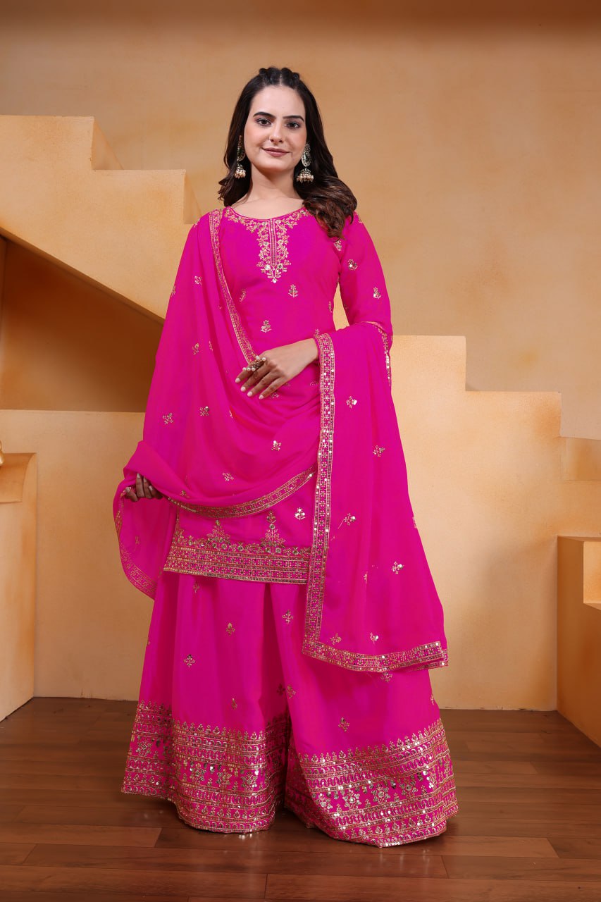 Rani Pink Designer Chinon Silk Embroidery Sharara Suit Set and Dupatta