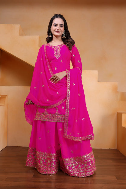Rani Pink Designer Chinon Silk Embroidery Sharara Suit Set and Dupatta