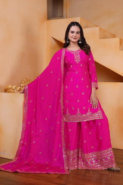 Rani Pink Designer Chinon Silk Embroidery Sharara Suit Set and Dupatta