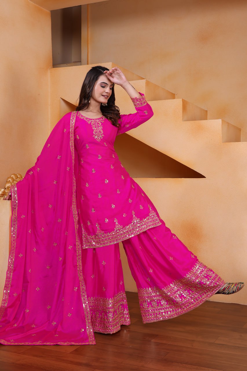 Rani Pink Designer Chinon Silk Embroidery Sharara Suit Set and Dupatta