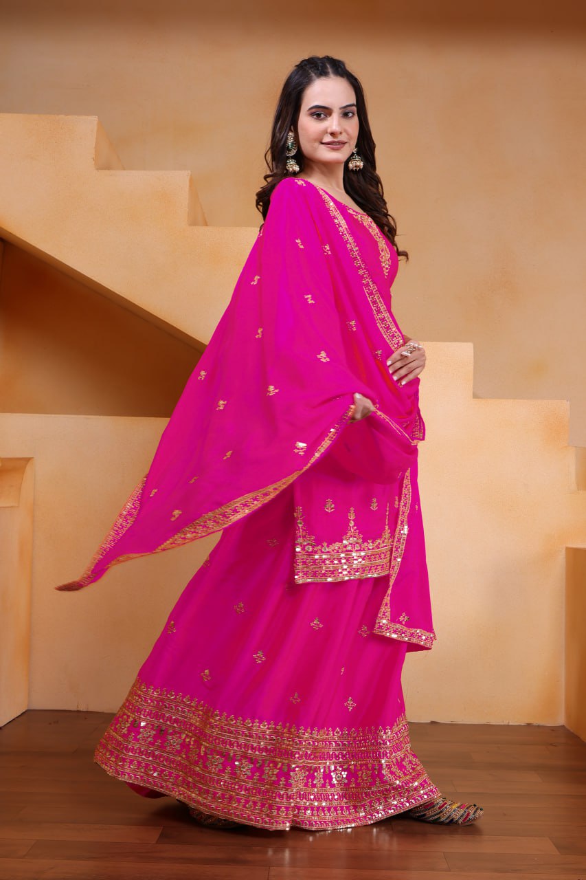 Rani Pink Designer Chinon Silk Embroidery Sharara Suit Set and Dupatta