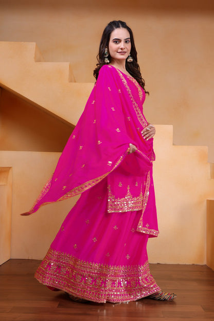 Rani Pink Designer Chinon Silk Embroidery Sharara Suit Set and Dupatta