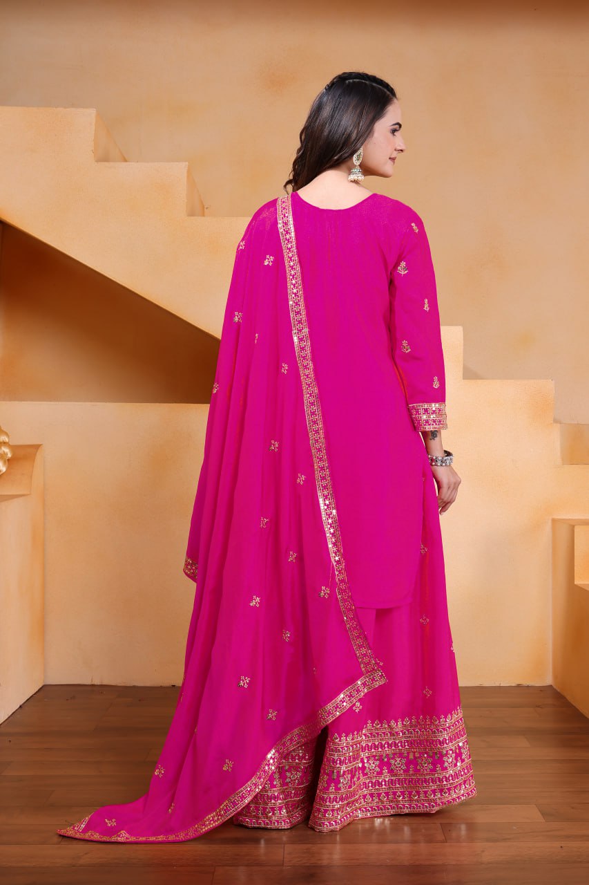 Rani Pink Designer Chinon Silk Embroidery Sharara Suit Set and Dupatta