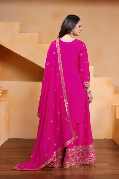 Rani Pink Designer Chinon Silk Embroidery Sharara Suit Set and Dupatta