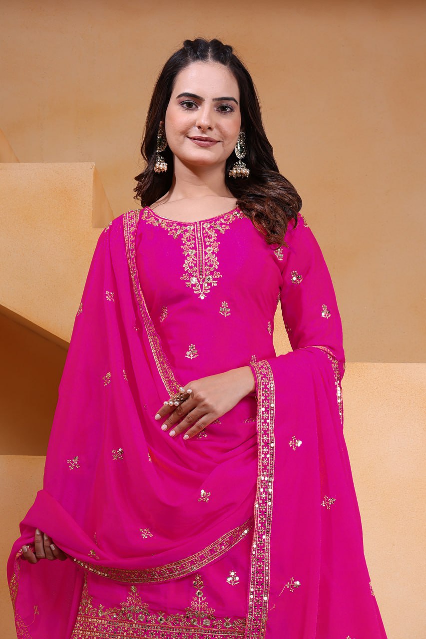 Rani Pink Designer Chinon Silk Embroidery Sharara Suit Set and Dupatta