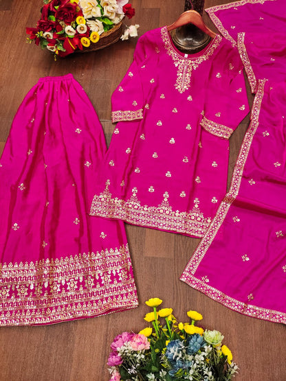 Rani Pink Designer Chinon Silk Embroidery Sharara Suit Set and Dupatta