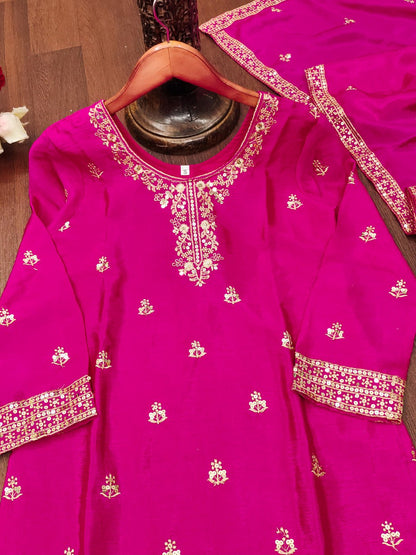 Rani Pink Designer Chinon Silk Embroidery Sharara Suit Set and Dupatta