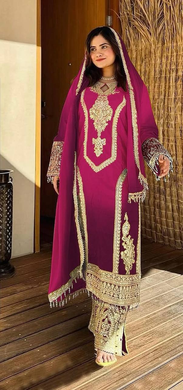 Rani Pink Designer Dual Tone Chinon Silk Plazzo Top and Dupatta