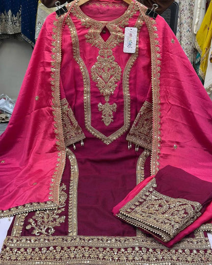 Rani Pink Designer Dual Tone Chinon Silk Plazzo Top and Dupatta