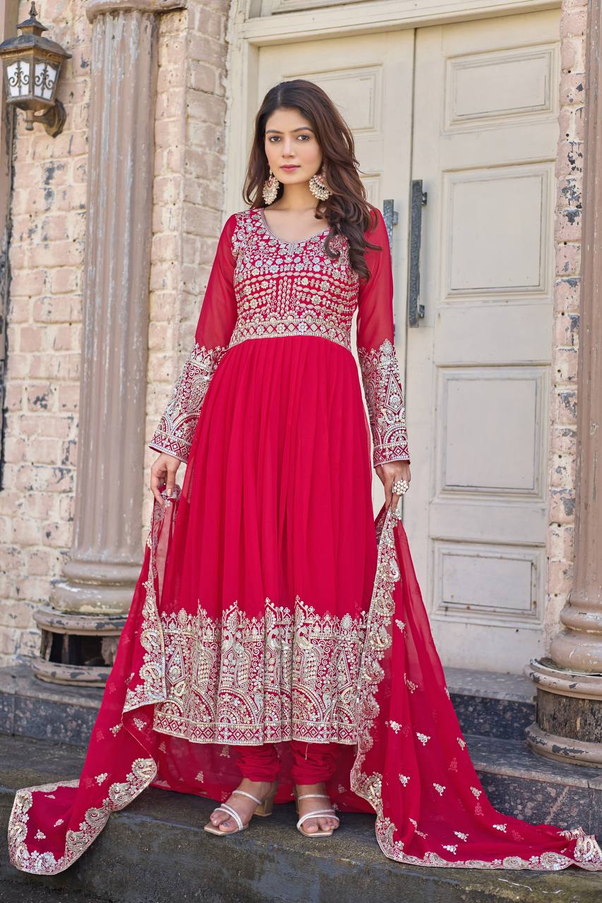 Rani Pink Designer Faux Georgette Anarkali Gown and Dupatta For Party Wear
