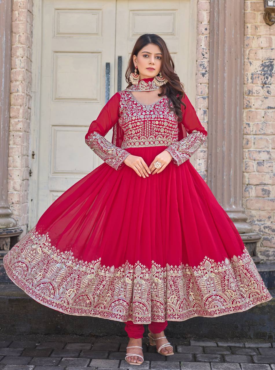Rani Pink Designer Faux Georgette Anarkali Gown and Dupatta For Party Wear