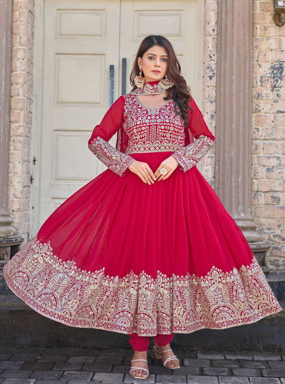 Rani Pink Designer Faux Georgette Anarkali Gown and Dupatta For Party Wear
