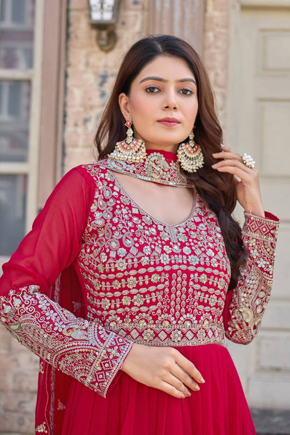 Rani Pink Designer Faux Georgette Anarkali Gown and Dupatta For Party Wear