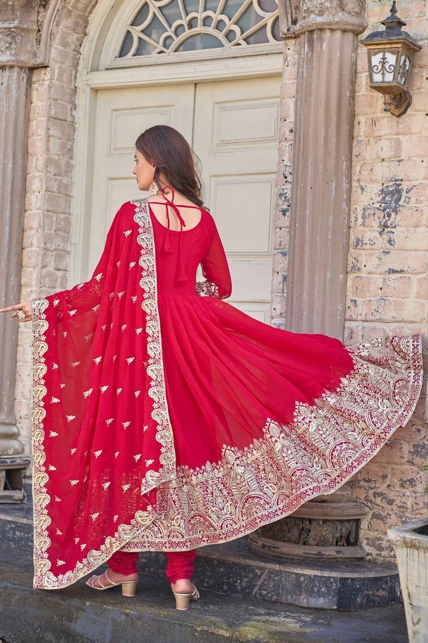 Rani Pink Designer Faux Georgette Anarkali Gown and Dupatta For Party Wear