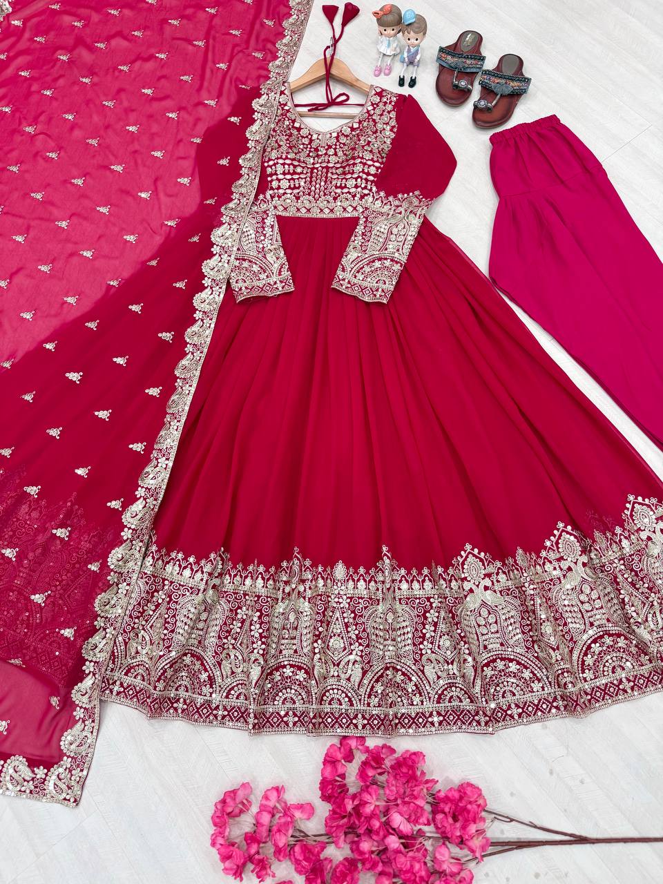 Rani Pink Designer Faux Georgette Anarkali Gown and Dupatta For Party Wear