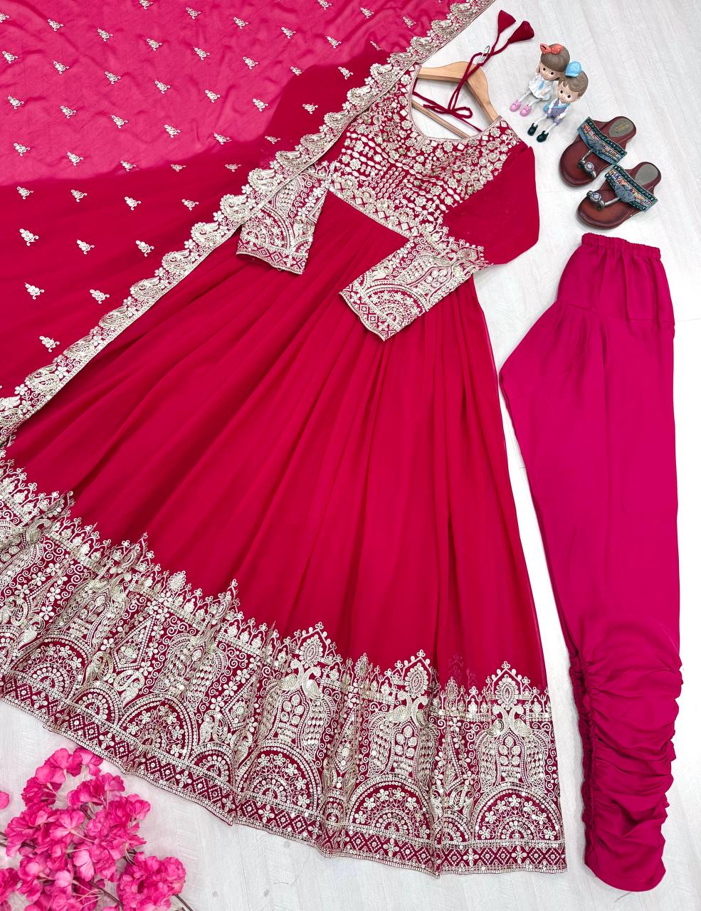 Rani Pink Designer Faux Georgette Anarkali Gown and Dupatta For Party Wear