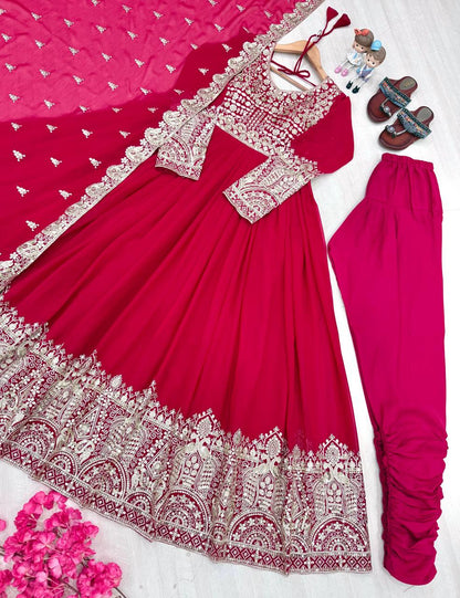 Rani Pink Designer Faux Georgette Anarkali Gown and Dupatta For Party Wear