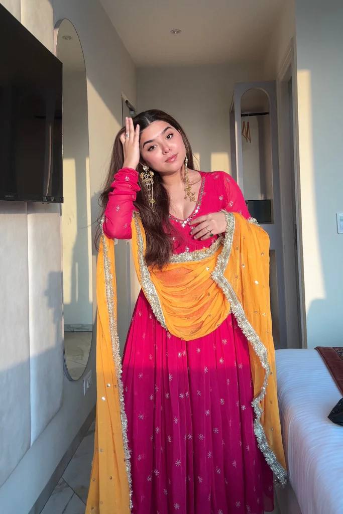 Rani Pink Designer Faux Georgette Embroidered Gown and Dupatta