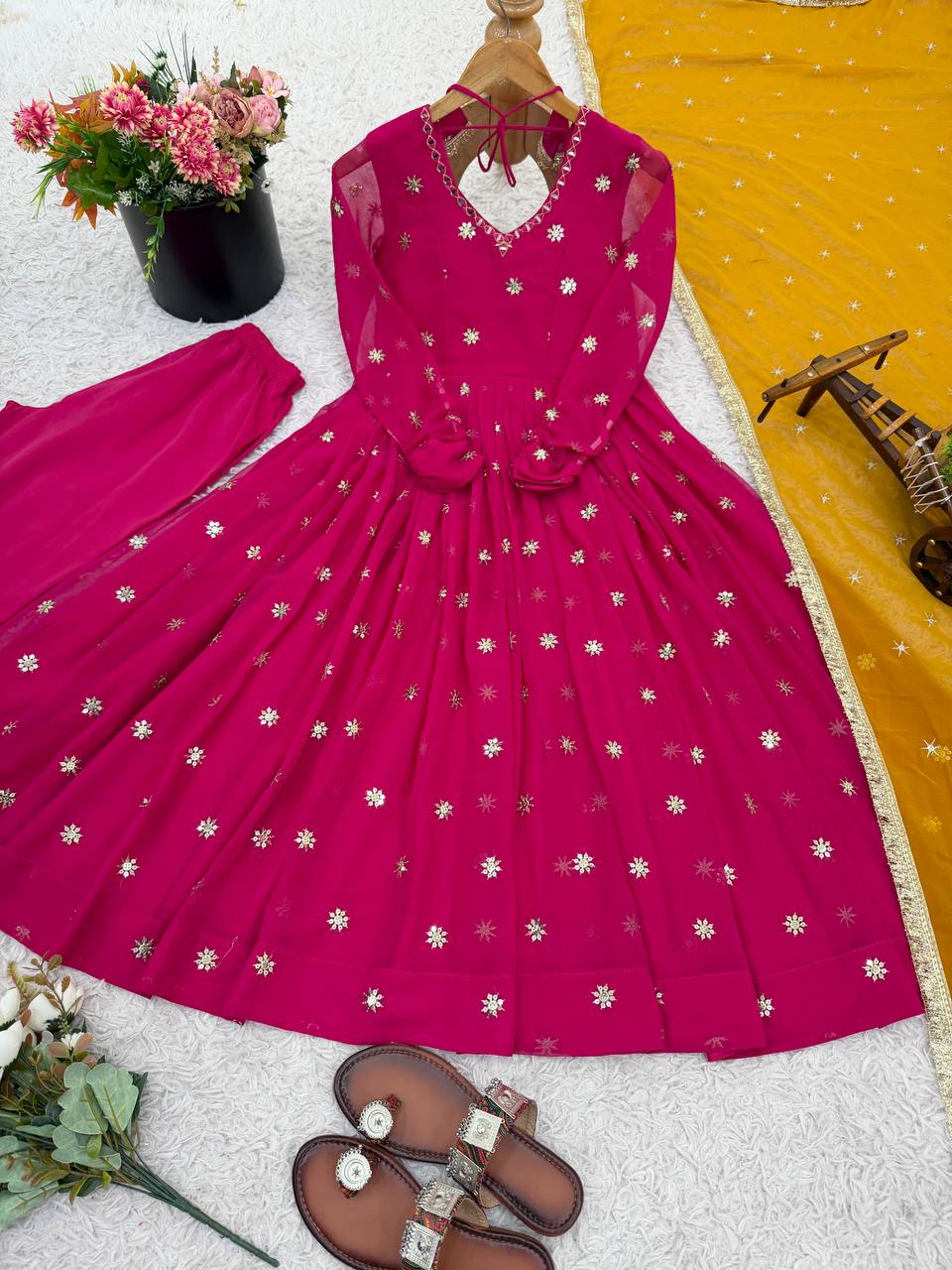 Rani Pink Designer Faux Georgette Embroidered Gown and Dupatta