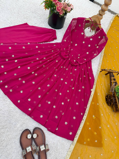 Rani Pink Designer Faux Georgette Embroidered Gown and Dupatta