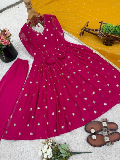 Rani Pink Designer Faux Georgette Embroidered Gown and Dupatta