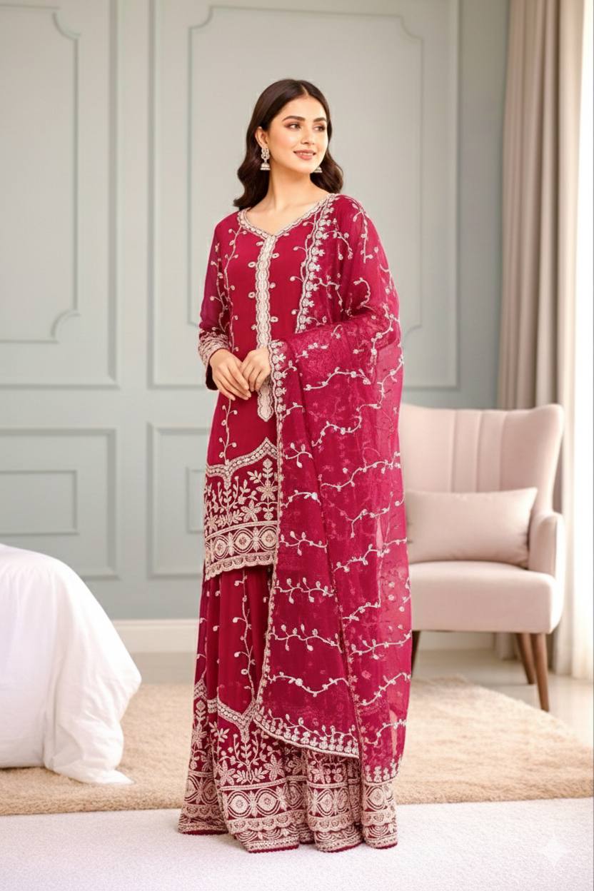 Rani Pink Designer Fendy Silk Top Bottom and Dupatta For Party Wear