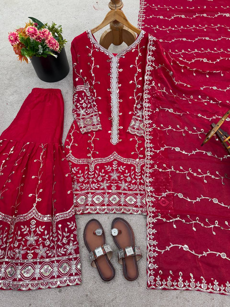 Rani Pink Designer Fendy Silk Top Bottom and Dupatta For Party Wear