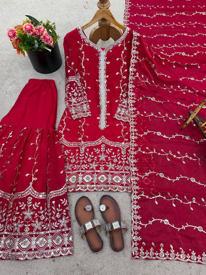 Rani Pink Designer Fendy Silk Top Bottom and Dupatta For Party Wear