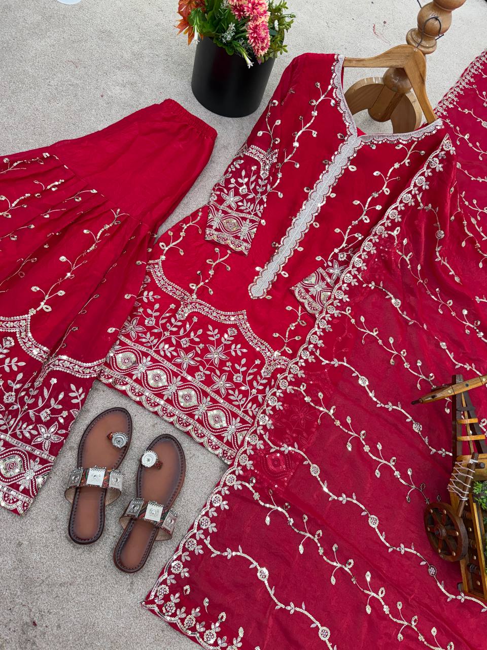 Rani Pink Designer Fendy Silk Top Bottom and Dupatta For Party Wear