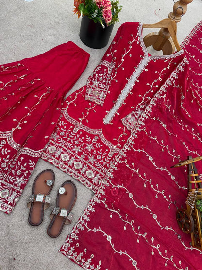 Rani Pink Designer Fendy Silk Top Bottom and Dupatta For Party Wear