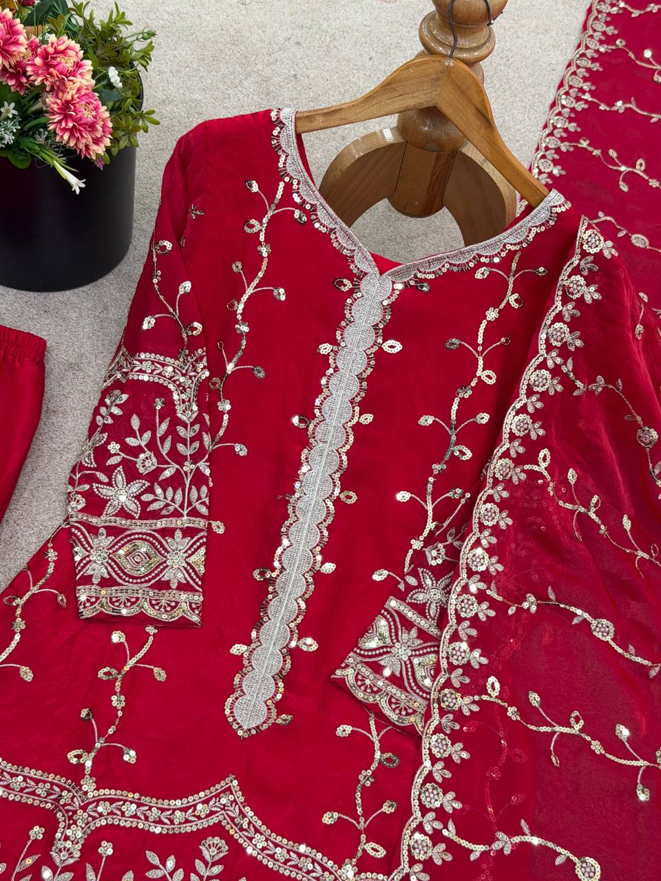 Rani Pink Designer Fendy Silk Top Bottom and Dupatta For Party Wear