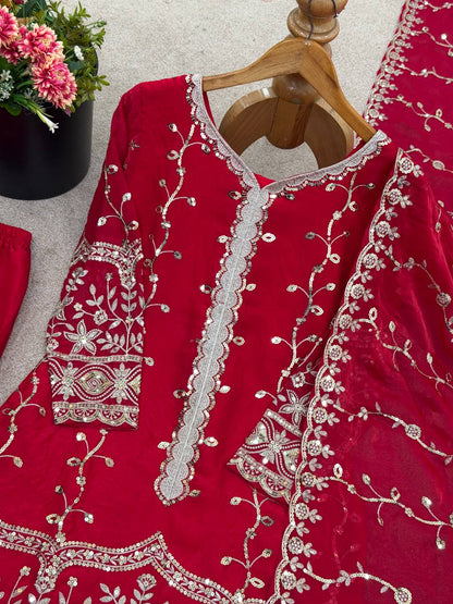 Rani Pink Designer Fendy Silk Top Bottom and Dupatta For Party Wear