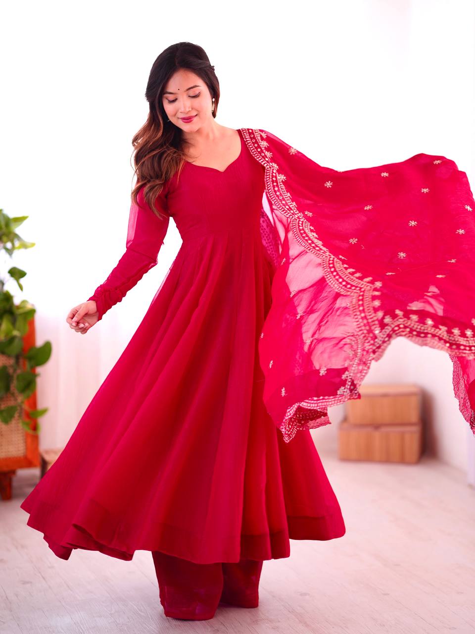 Rani Pink Designer Heavy Fandy Silk Gown and Dupatta For Party Wear