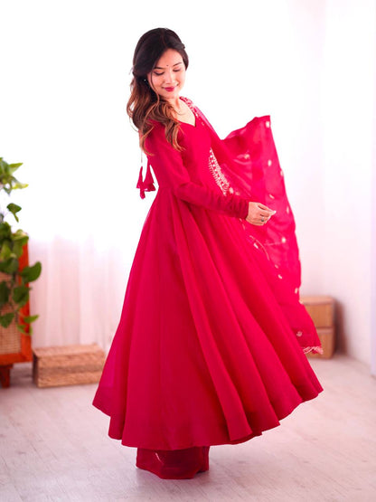 Rani Pink Designer Heavy Fandy Silk Gown and Dupatta For Party Wear