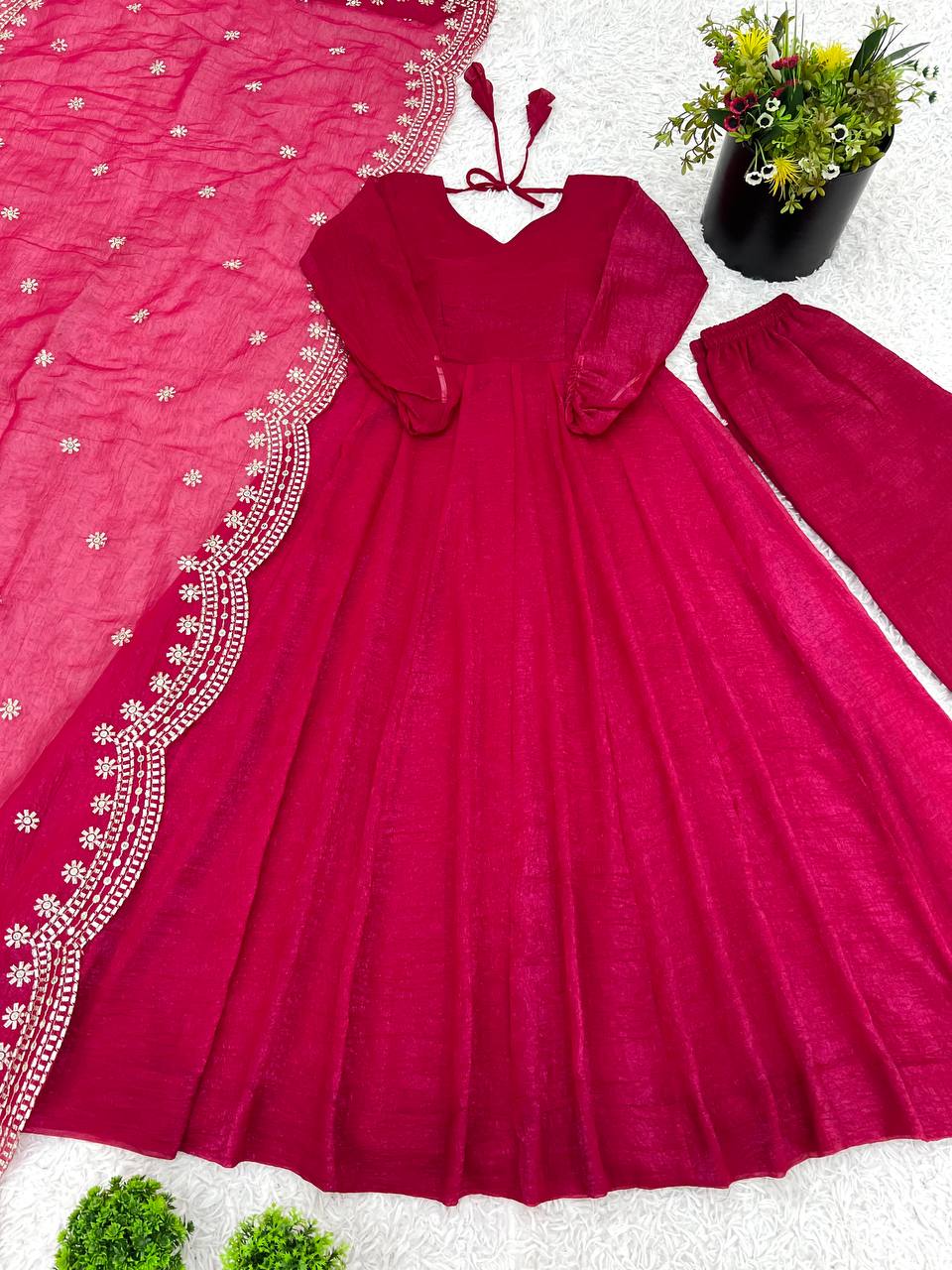 Rani Pink Designer Heavy Fandy Silk Gown and Dupatta For Party Wear