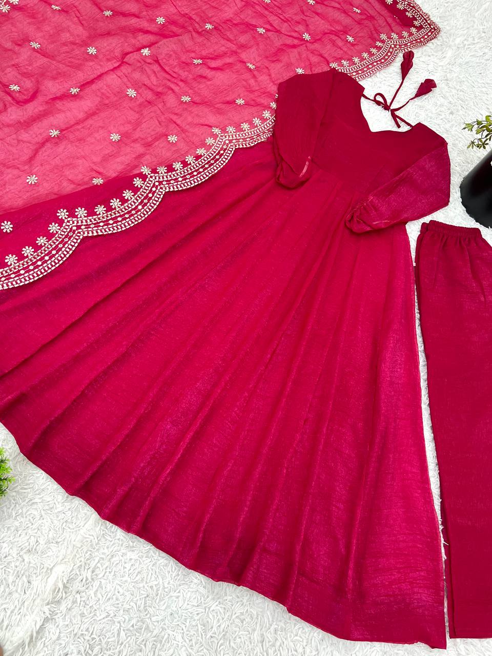 Rani Pink Designer Heavy Fandy Silk Gown and Dupatta For Party Wear