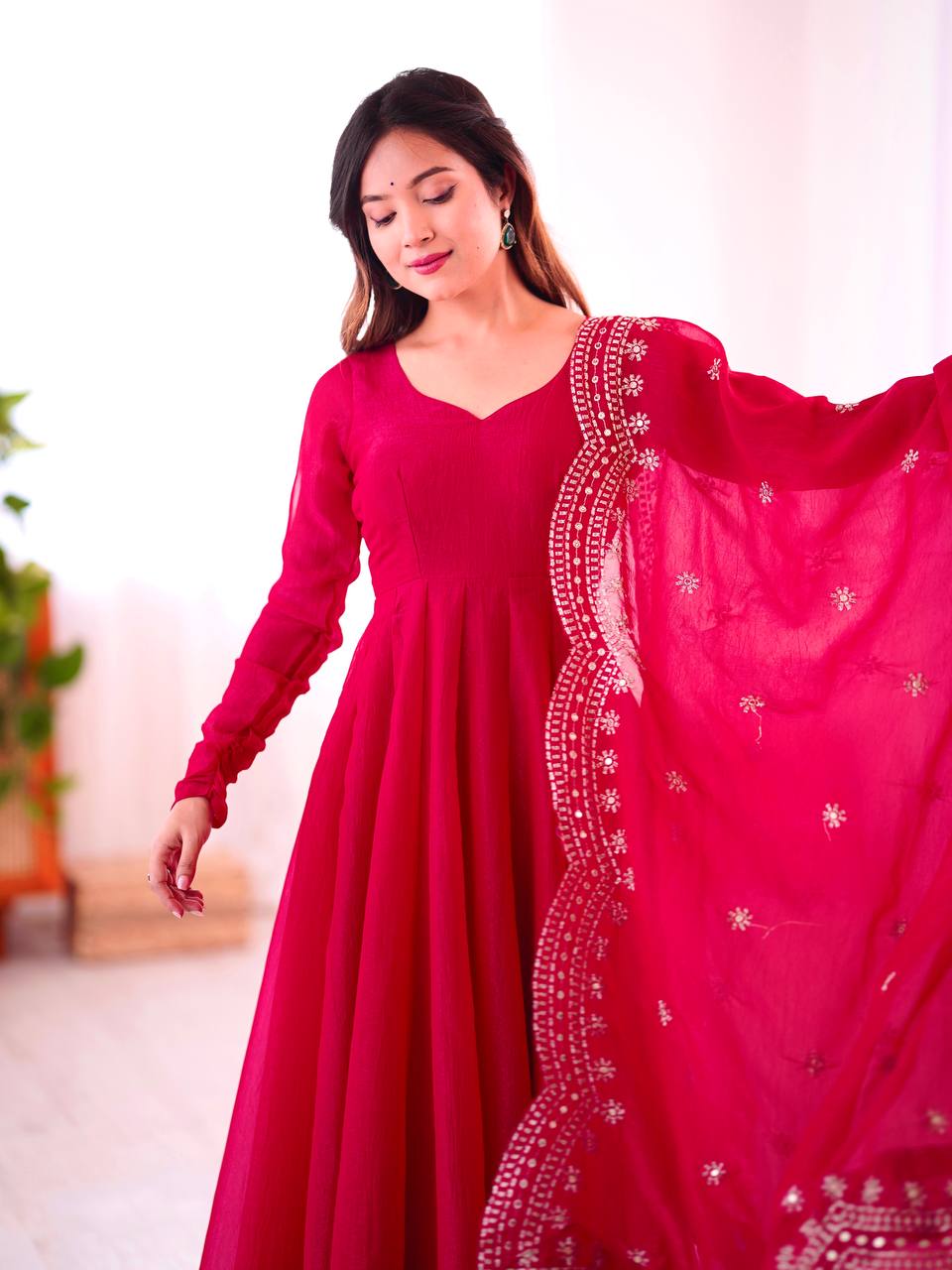Rani Pink Designer Heavy Fandy Silk Gown and Dupatta For Party Wear