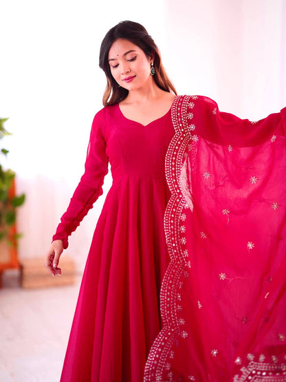Rani Pink Designer Heavy Fandy Silk Gown and Dupatta For Party Wear