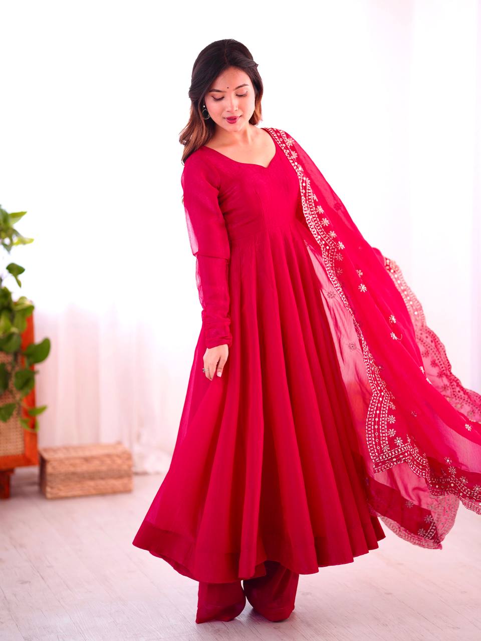 Rani Pink Designer Heavy Fandy Silk Gown and Dupatta For Party Wear