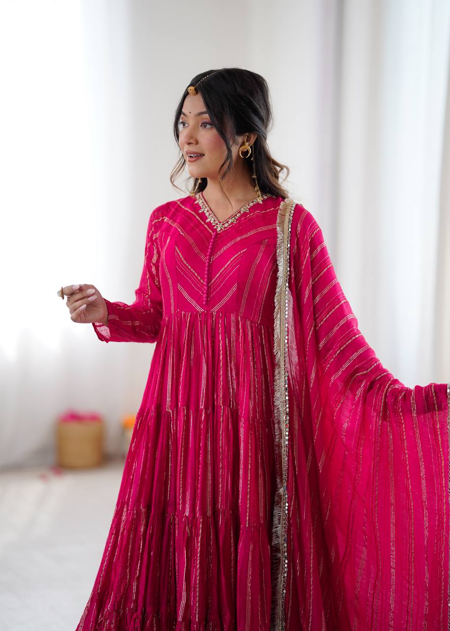Rani Pink Designer Mal Chanderi Mirror Work Ruffle Gown and Dupatta