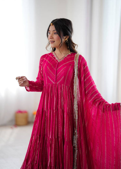 Rani Pink Designer Mal Chanderi Mirror Work Ruffle Gown and Dupatta