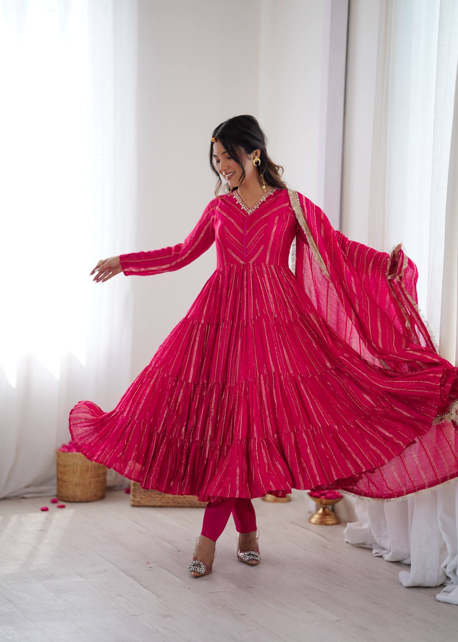 Rani Pink Designer Mal Chanderi Mirror Work Ruffle Gown and Dupatta