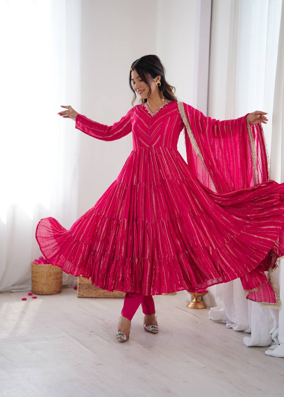 Rani Pink Designer Mal Chanderi Mirror Work Ruffle Gown and Dupatta